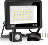 LED flood light with sensor and cable on a white background